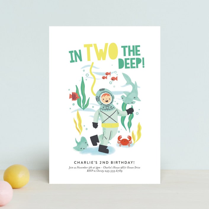 "Deep Dive" - Children's Birthday Party Invitations in Sea Green by Itsy Belle Studio - Front