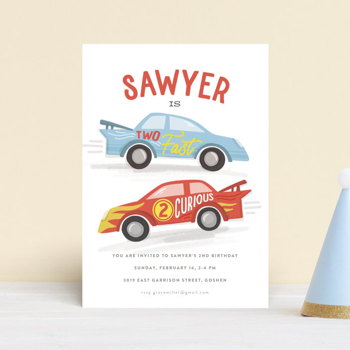 "Two Fast" - Children's Birthday Party Invitations in Racing Red by Jessie Steury - Front