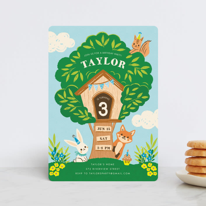 "Woodland Birthday" - Children's Birthday Party Invitations in Sky by Vivian Yiwing - Front