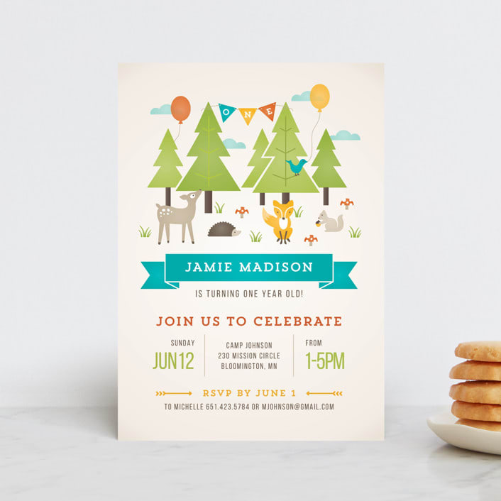 "Wild Woodland" - Children's Birthday Party Invitations in Turquoise by Michelle Taylor - Front