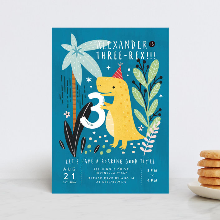 "Three-Rex" - Children's Birthday Party Invitations in Jungle by Cindy Chu - Front