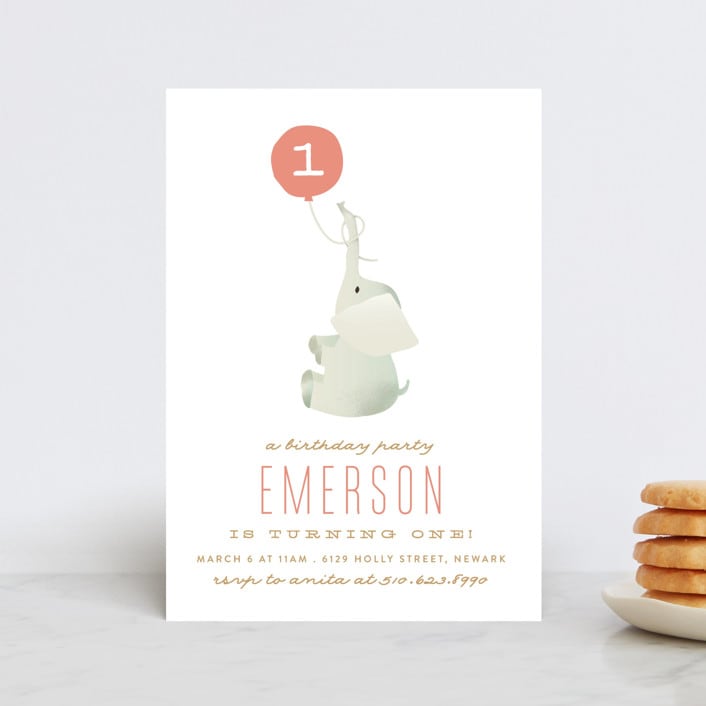 "Ollie Elephant" - Children's Birthday Party Invitations in Coral by Phrosné Barwood - Front