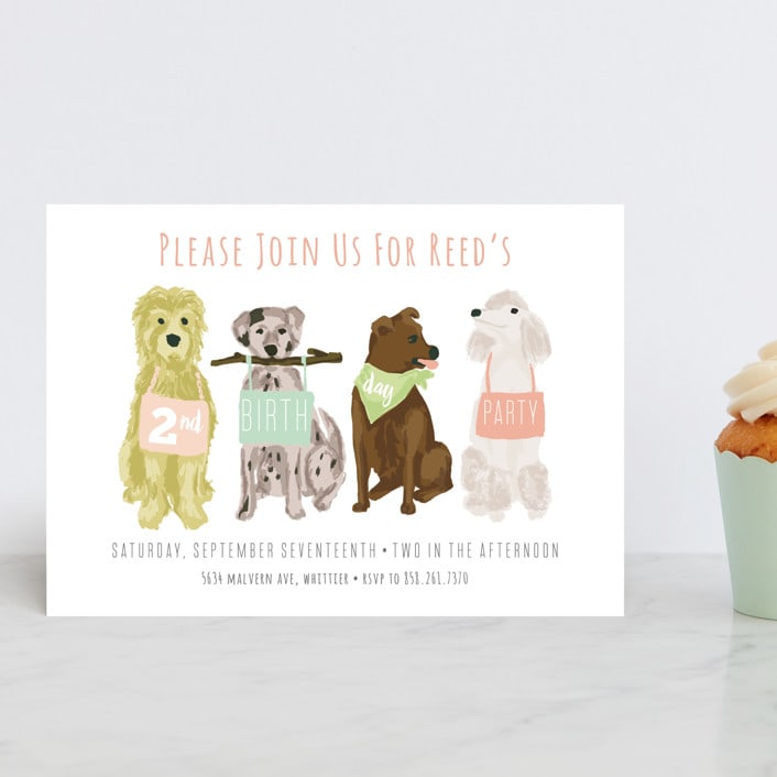 "Puppy Line-Up" - Children's Birthday Party Invitations in Peony by Shiny Penny Studio - Front