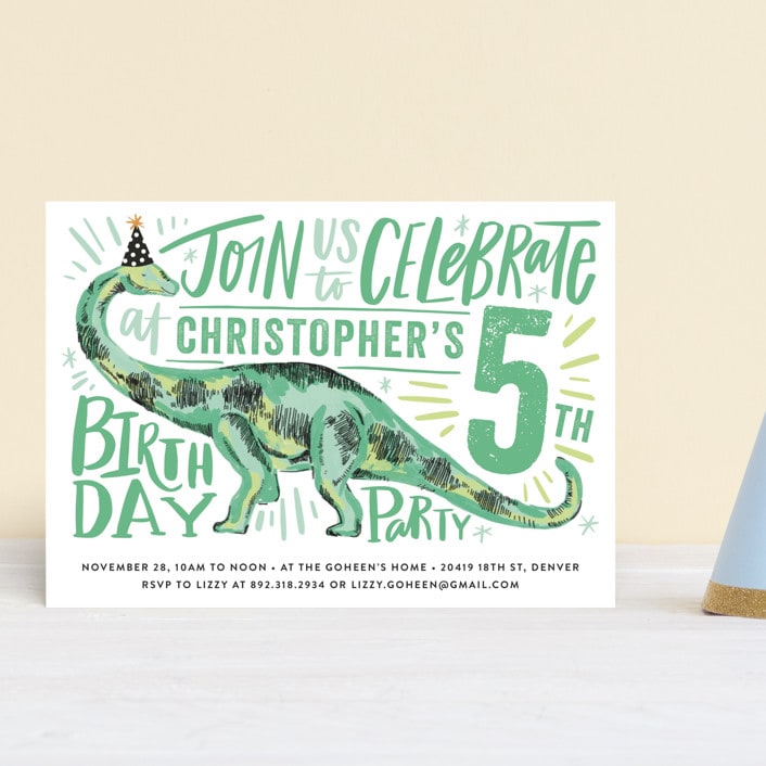 "Dino Party Hat" - Children's Birthday Party Invitations in Fern by Alethea and Ruth - Front