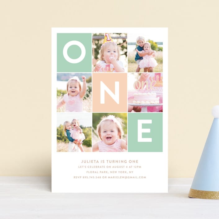 "Simply One" - Children's Birthday Party Invitations in Seafoam by Joanne James - Front