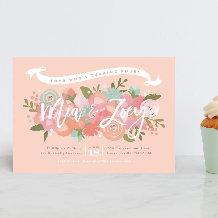 "Blooming Peonies" - Children's Birthday Party Invitations in Peach by Jennifer Wick - Front