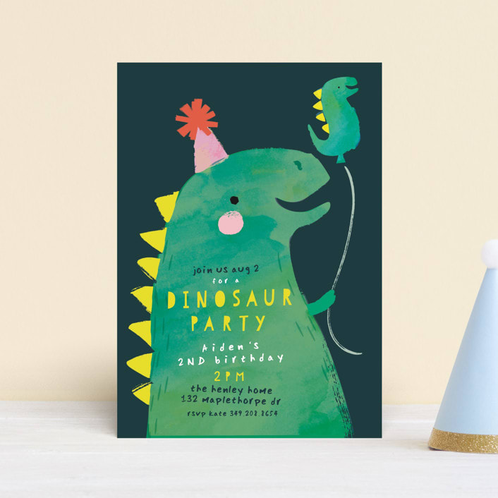 "Dinosaur Balloon" - Children's Birthday Party Invitations in Teal by Lori Wemple - Front