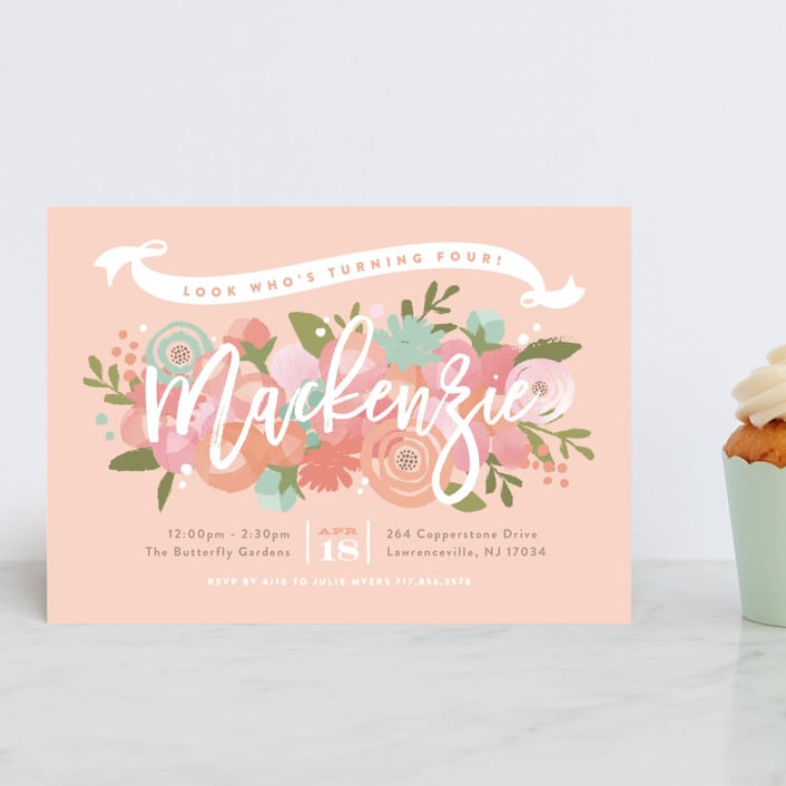 "Blooming Peonies" - Children's Birthday Party Invitations in Peach by Jennifer Wick - Front