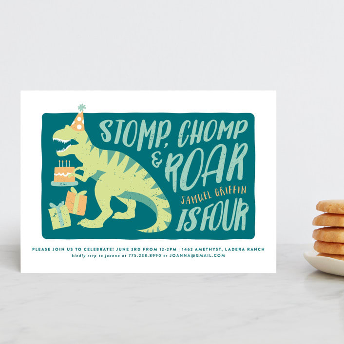 "Stomp and Chomp Dino" - Children's Birthday Party Invitations in Jungle by Joanna Griffin - Front