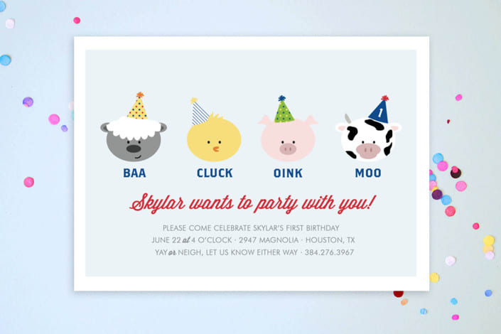 "Barnyard Crew" - Children's Birthday Party Invitations in Sky by Leslie Ann Jones - Front
