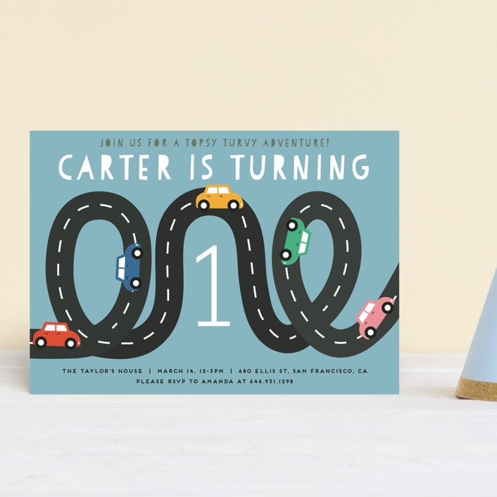 "Little Racer" - Children's Birthday Party Invitations in Sky by Jennifer Lew - Front