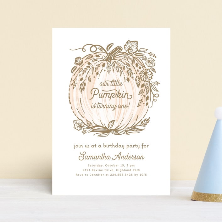 "Little Pumpkin" - Children's Birthday Party Invitations in Peach by Paper Sun Studio - Front