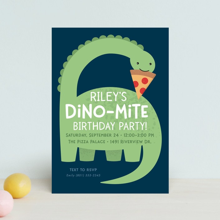 "Arched Dinosaur" - Children's Birthday Party Invitations in Leaf by Kacey Kendrick Wagner - Front