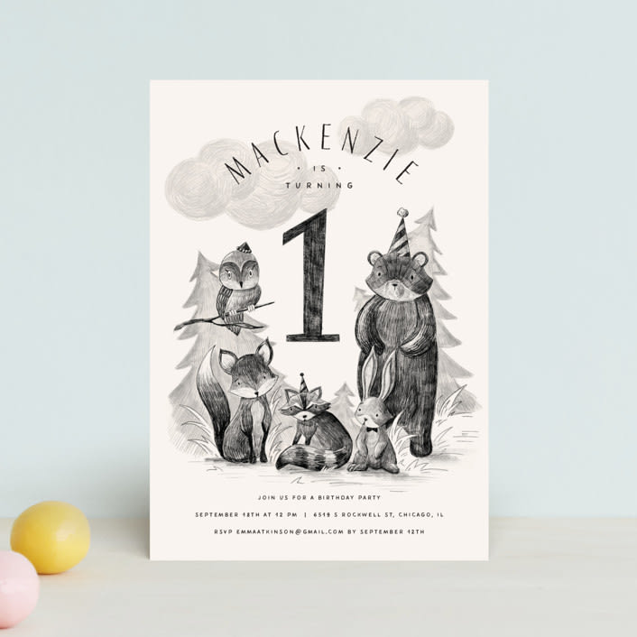 "Forest Friends" - Children's Birthday Party Invitations in Sephia by Anastasia Makarova - Front