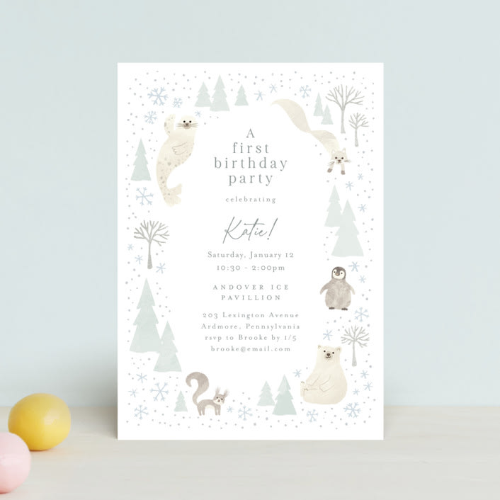 "Arctic friends" - Children's Birthday Party Invitations in Seafoam by Jennifer Wick - Front