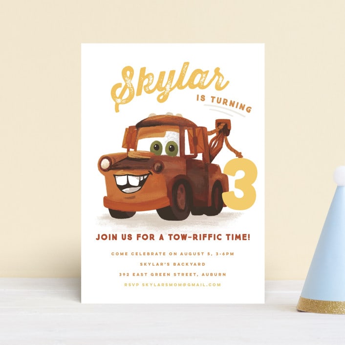 "Disney and Pixar's Tow-riffic Mater" - Children's Birthday Party Invitations in Pearl by Jessie Steury - Front