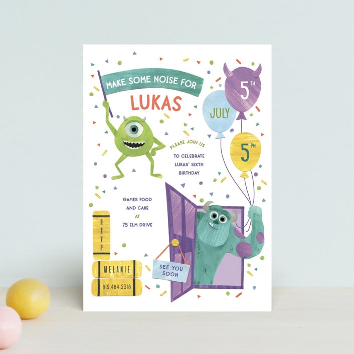 "Disney and Pixar's Monster's Inc Make Some Noise" - Children's Birthday Party Invitations in Lime Slime by Sarah Knight - Front