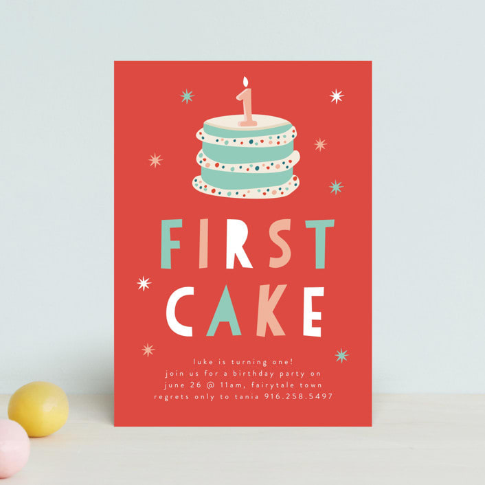 "That First Cake" - Children's Birthday Party Invitations in Citrus by Christie Garcia - Front