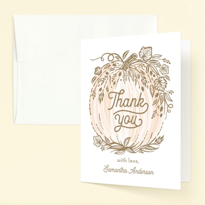 "Little Pumpkin" - Children's Birthday Party Thank You Cards in Peach by Paper Sun Studio - Front