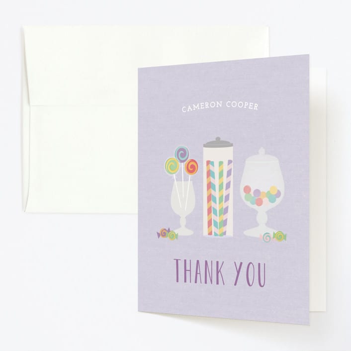 "Candy Shoppe" - Children's Birthday Party Thank You Cards in Lavender by Annie Holmquist - Front