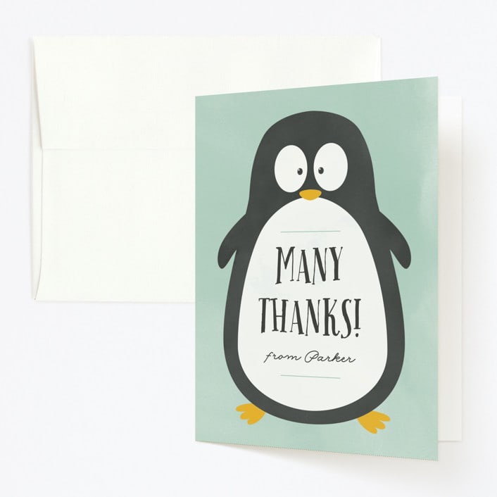 "Penguin Party" - Children's Birthday Party Thank You Cards in Mint by Brianne Larsen - Front