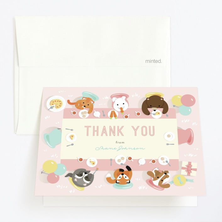 "Party Table" - Children's Birthday Party Thank You Cards in Carnation by Shannon Chen of Four Wet Feet Studio - Front