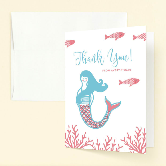 "Darling Mermaid" - Children's Birthday Party Thank You Cards in Bubblegum by Oscar and Emma - Karly Depew - Front