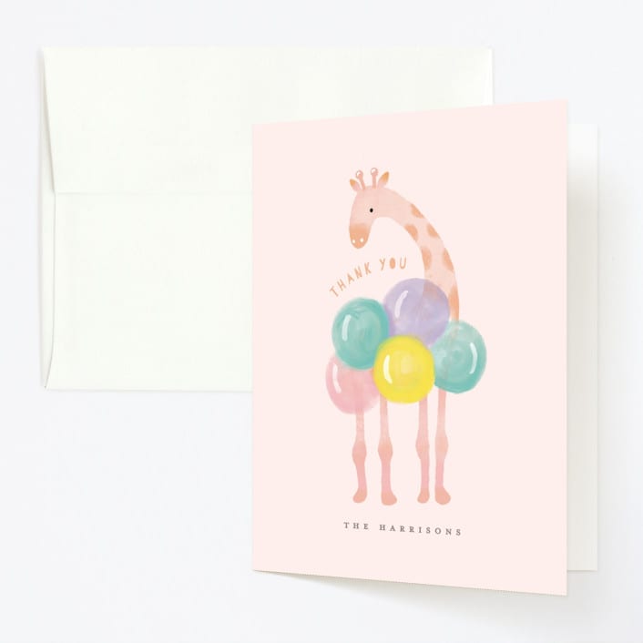 "Giraffe and Balloons" - Children's Birthday Party Thank You Cards in Blush by iamtanya - Front