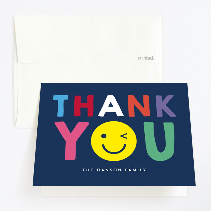 "Emoji Party" - Children's Birthday Party Thank You Cards in Navy by Baumbirdy - Front