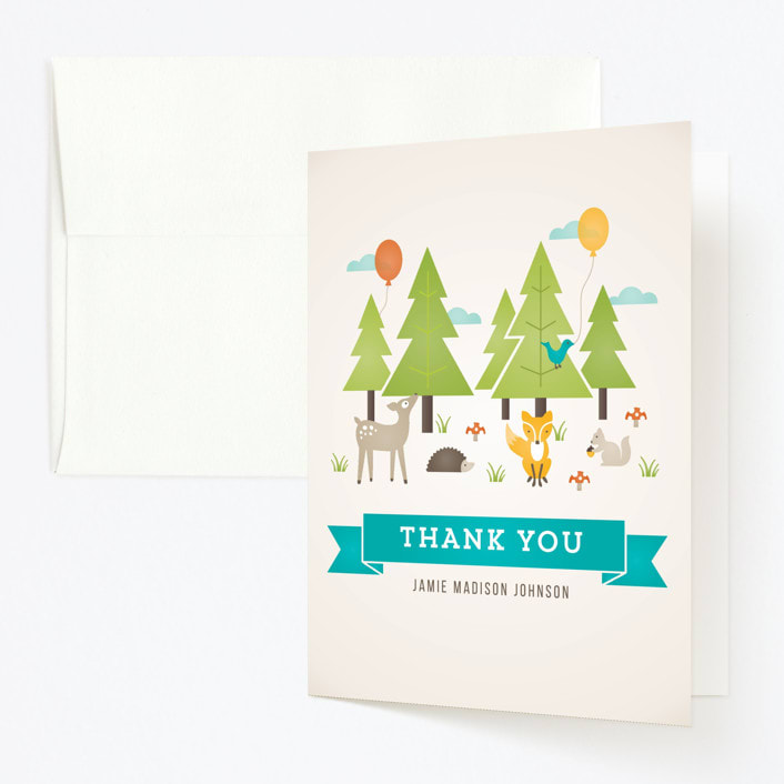 "Wild Woodland" - Children's Birthday Party Thank You Cards in Turquoise by Michelle Taylor - Front
