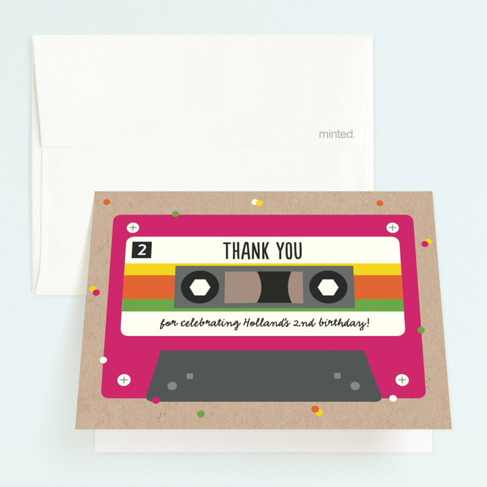 "Retro Cassette " - Children's Birthday Party Thank You Cards in Fuchsia by Erica Krystek - Front