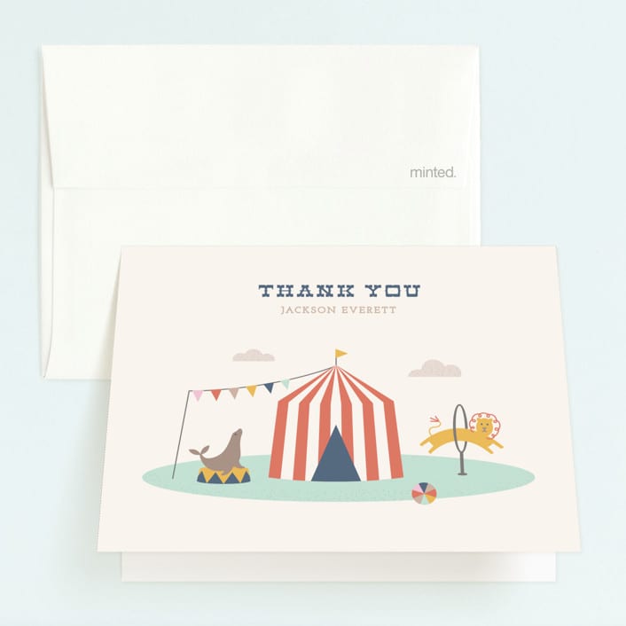 "Off to Join the Circus" - Children's Birthday Party Thank You Cards in Navy by Amber Barkley - Front