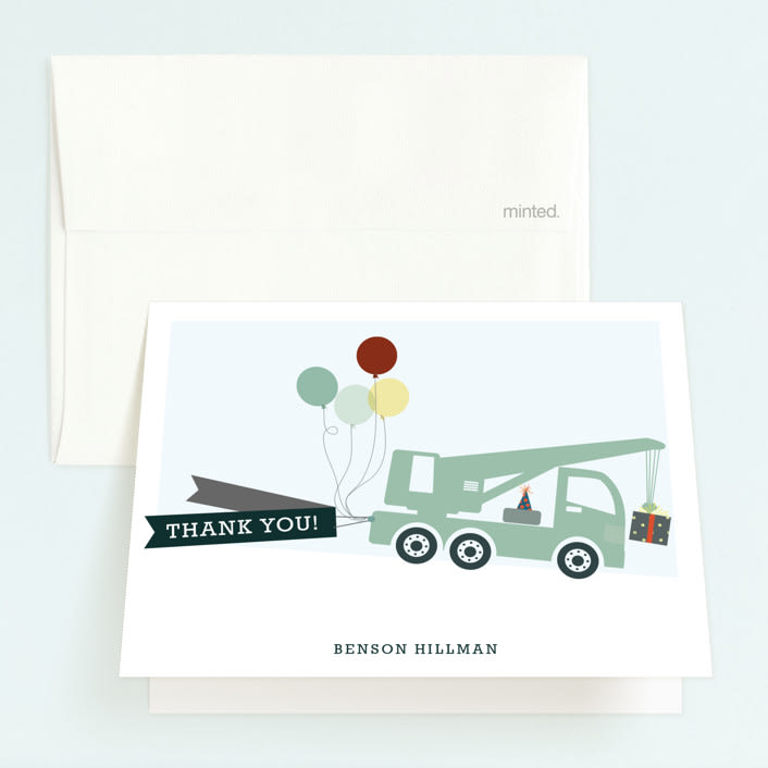 "Trucks on Parade" - Children's Birthday Party Thank You Cards in Grass by Rebecca Bowen - Front