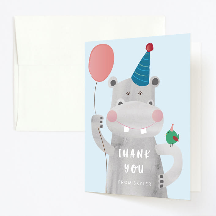 "Party Hippo" - Children's Birthday Party Thank You Cards in Coral by Kanika Mathur - Front