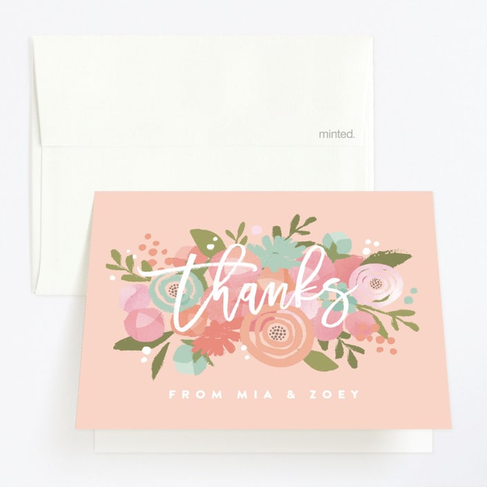 "Blooming Peonies" - Children's Birthday Party Thank You Cards in Peach by Jennifer Wick - Front