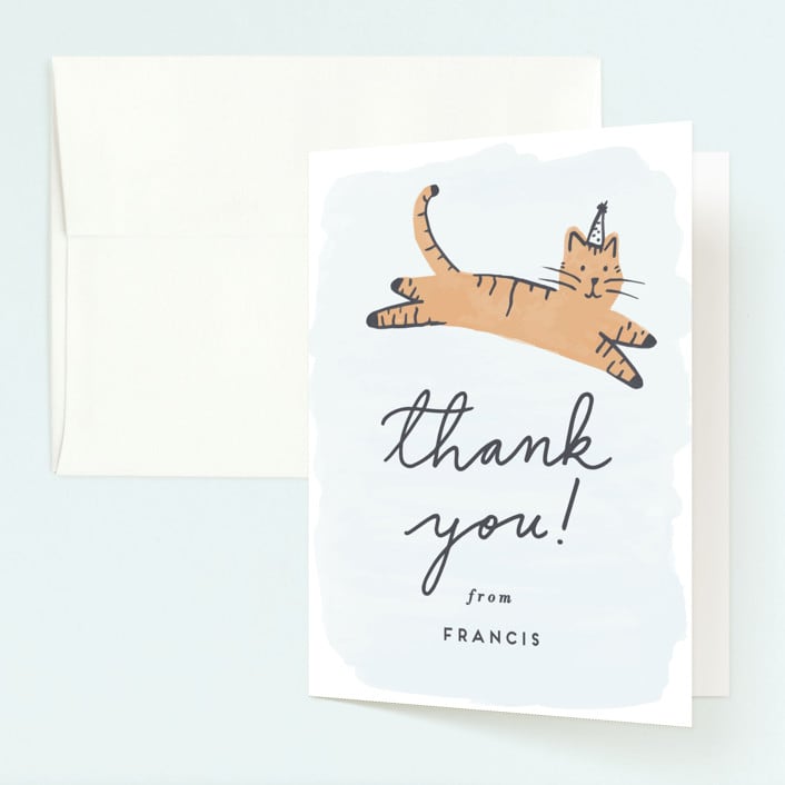 "Pawty Cat" - Children's Birthday Party Thank You Cards in Apricot by Everett Paper Goods - Front