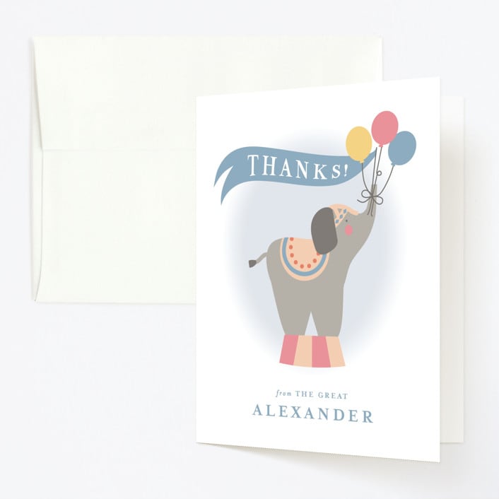 "Step Right Up" - Children's Birthday Party Thank You Cards in Sky by Joanna Griffin - Front