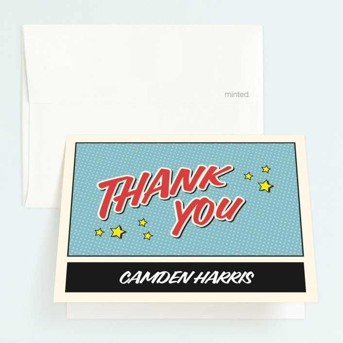 "Superhero Birthday Party" - Children's Birthday Party Thank You Cards in Steel by Nam Bourassa - Front