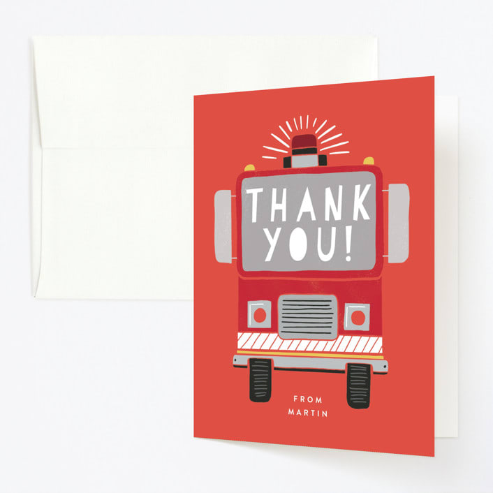 "Sound the Alarm Firetruck" - Children's Birthday Party Thank You Cards in Poinsettia by Alethea and Ruth - Front