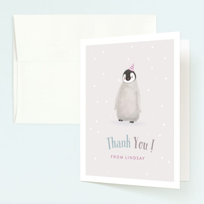 "Coolest Penguin" - Children's Birthday Party Thank You Cards in Orchid by Elska Studio - Front