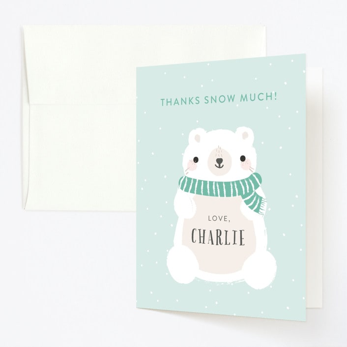 "Polar Party" - Children's Birthday Party Thank You Cards in Aqua Green by Itsy Belle Studio - Front