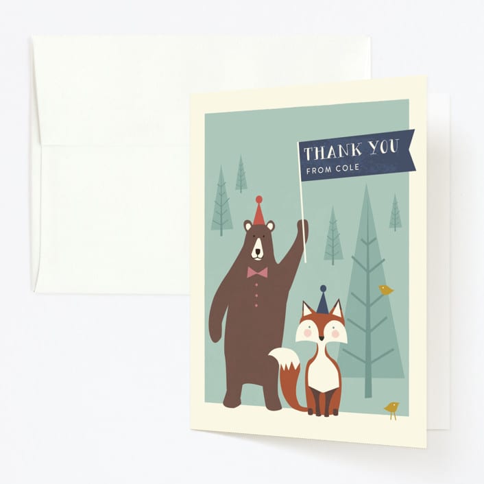 "Into The Woods!" - Children's Birthday Party Thank You Cards in Frosted Lake by Karidy Walker - Front
