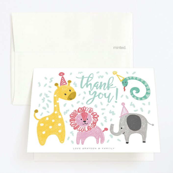 "Jungle Party Animals" - Children's Birthday Party Thank You Cards in Zoo by Sara Berrenson - Front