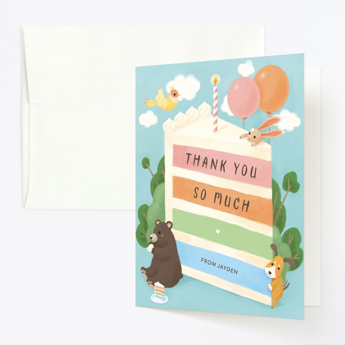 "Cake Party" - Children's Birthday Party Thank You Cards in Sky by Shannon Chen of Four Wet Feet Studio - Front