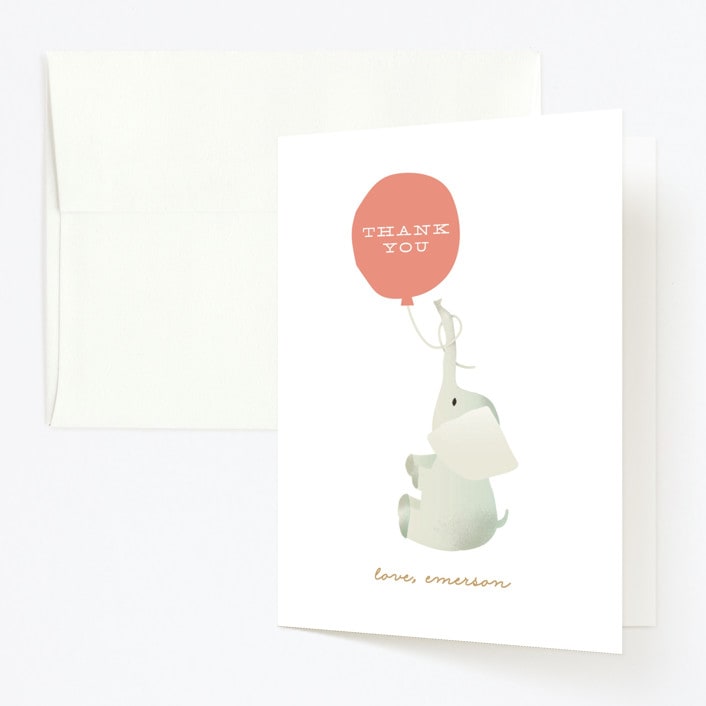 "Ollie Elephant" - Children's Birthday Party Thank You Cards in Coral by Phrosné Barwood - Front