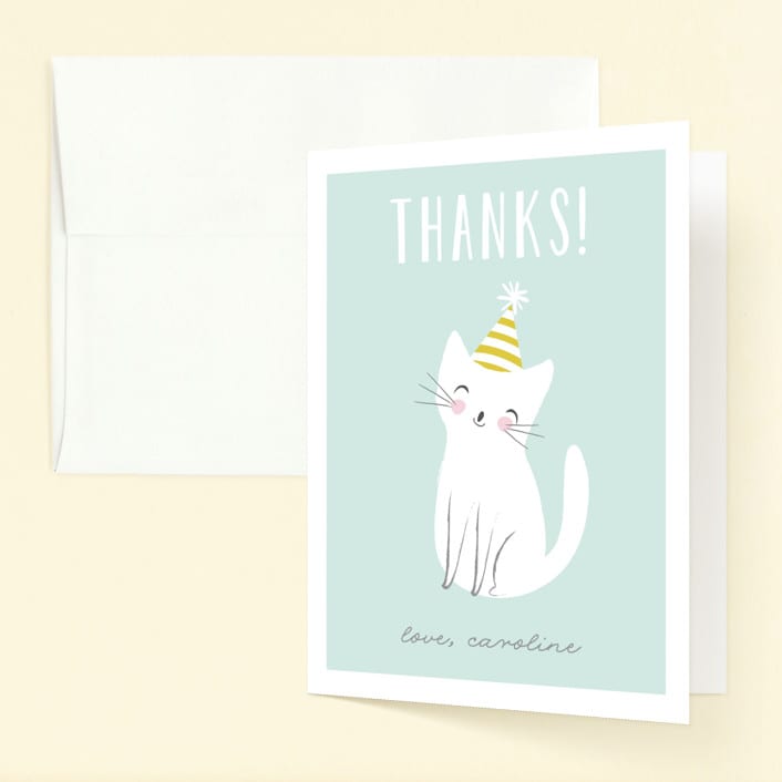 "Party cat" - Children's Birthday Party Thank You Cards in Spearmint by Angela Thompson - Front