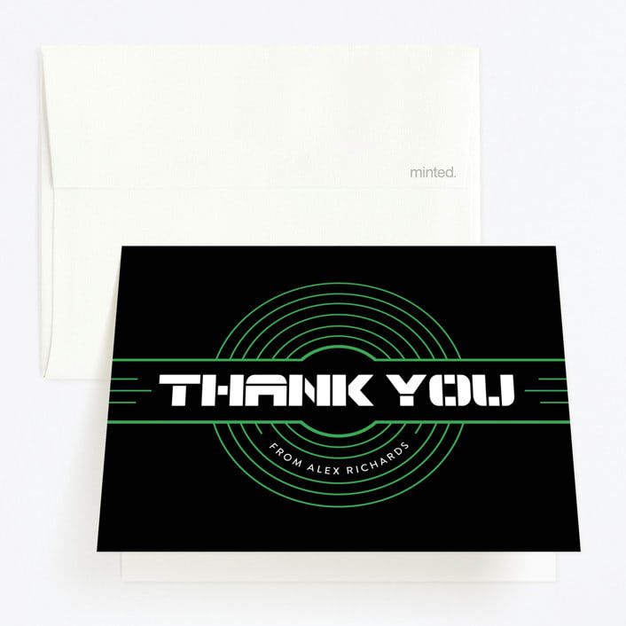 "Targeted" - Children's Birthday Party Thank You Cards in Neon Green by Melissa Egan of Pistols - Front