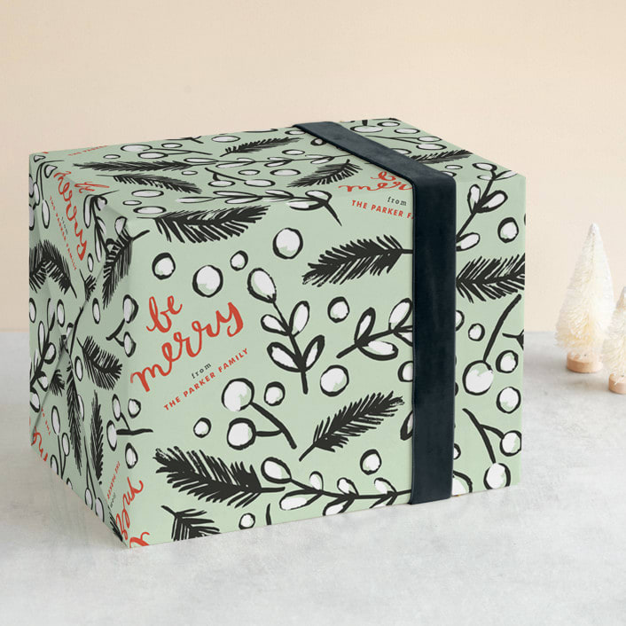 "Be Merry Branches" - Personalized Wrapping Paper in Mint by Alethea and Ruth - Front