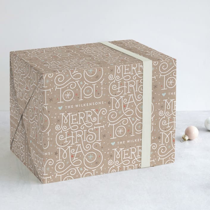 "Merry Lettering" - Personalized Wrapping Paper in Kraft by Jennifer Wick - Front