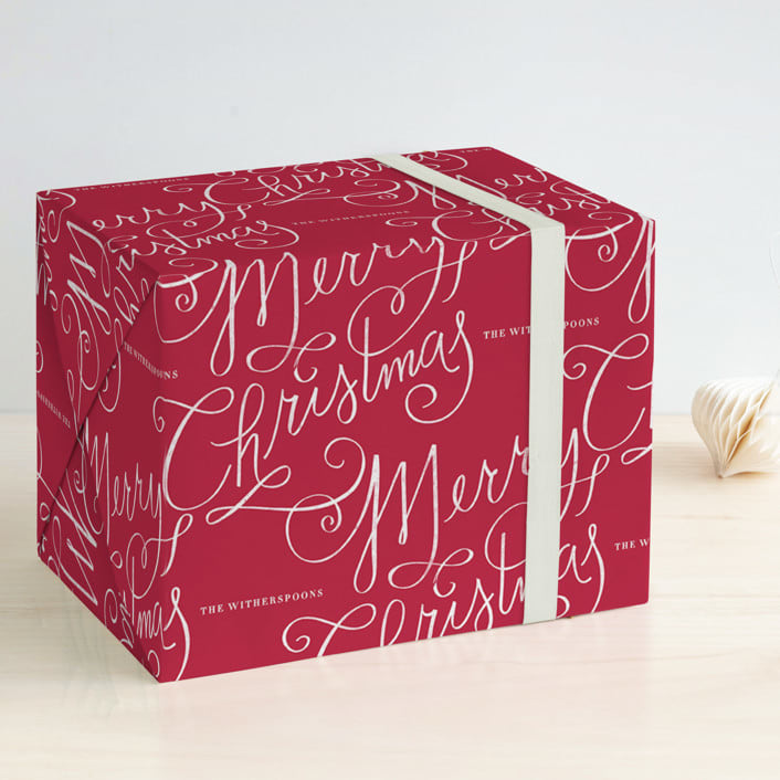 "Merry Calligraphy" - Personalized Wrapping Paper in Berry by Lori Wemple - Front